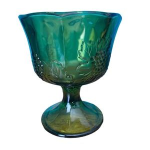 Vintage Green Glass Pedestal Candy Dish with Leaves and Grapes